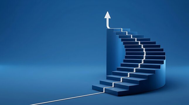 Abstract concept of upward mobility and success represented by a 3D rendered spiral staircase leading to a white arrow symbolizing growth and progress.