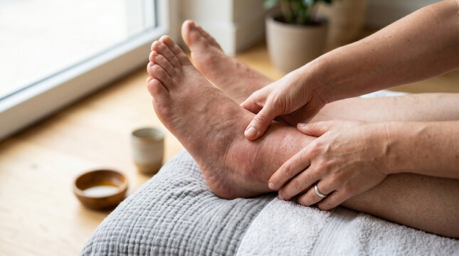 Pregnant woman relaxing while massaging swollen ankles at home. Tender massage helps relieve discomfort and promotes relaxation during pregnancy, creating a soothing environment for expectant mothers.