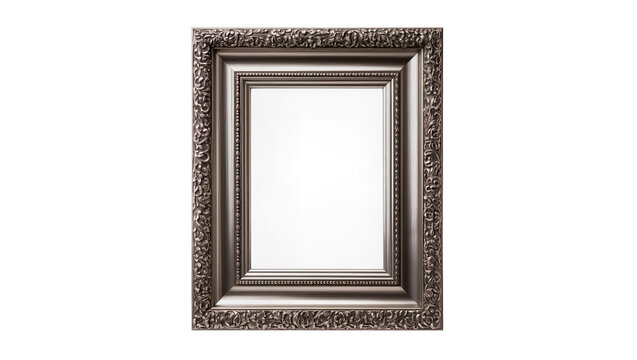 Ornate antique silver picture frame with detailed carvings, isolated on transparent background