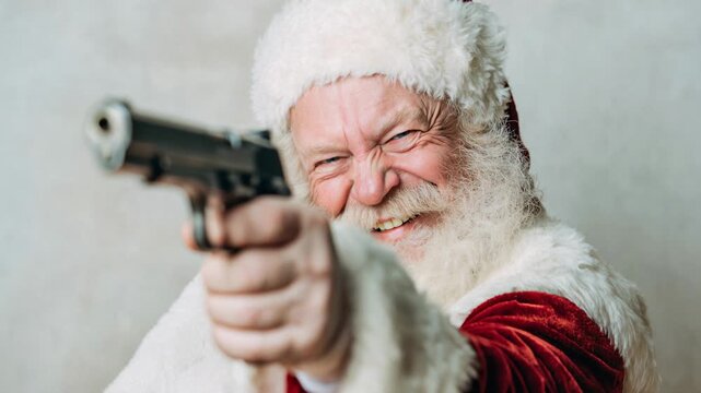 Angry Santa Claus holding a gun and aiming directly at the camera