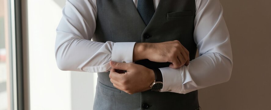 Man adjusts his white shirt sleeves and vest in office. He wears a watch preparing for work or meeting. Businessman gets dressed for corporate event.