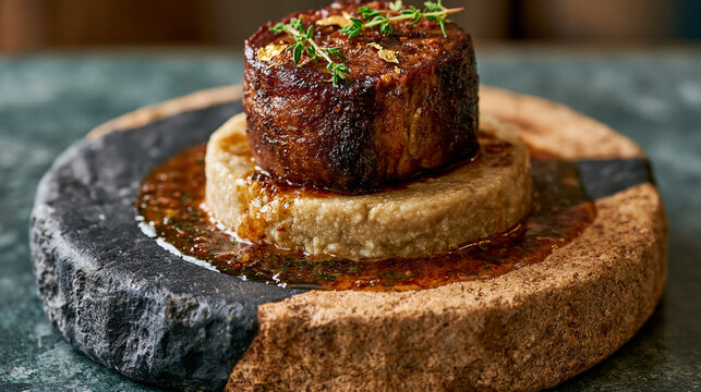 A haute cuisine presentation featuring a cube of milk-fed veal, slow-cooked for 12 hours and featuring a rich, caramelized crust, perfectly placed atop a circular mold of creamy traditional Keskek