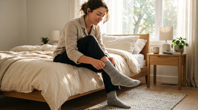 Woman putting on socks while sitting on bed in cozy bedroom, soft light through window creating warm atmosphere. Putting on socks is part of morning routine for comfortable living and home wellness.