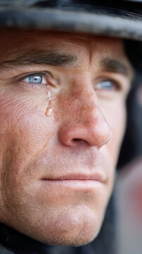 Emotional portrait of a man with tear on soot-streaked face, highlighting resilience and strength