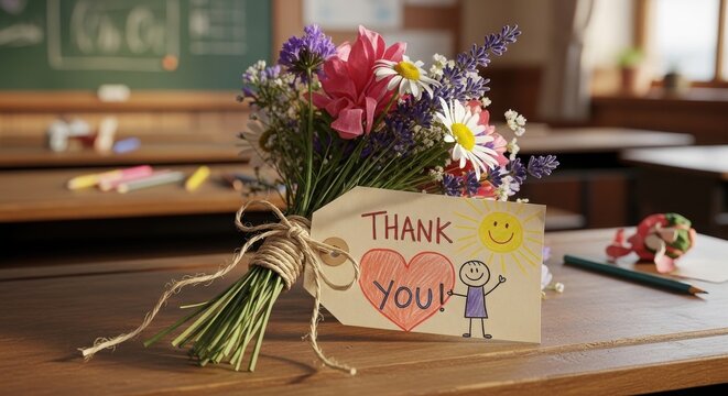 A beautiful bouquet of wildflowers with a handmade thank you note on a classroom desk, symbolizing teacher appreciation and gratitude in a school setting