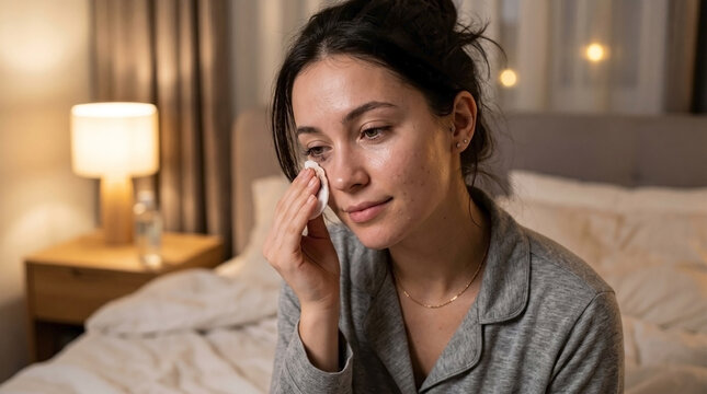 Woman removing makeup before sleeping with cotton pad in cozy bedroom. Evening routine includes gentle skincare and self-care practices for effective makeup removal.