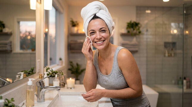 Woman removing makeup in bathroom with towel on head and smile, skincare routine includes cleansing with cotton pad and gentle solution. Evening ritual for removing makeup before sleeping.
