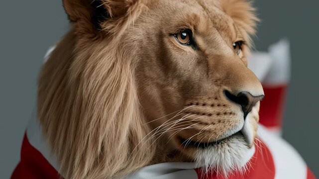 Close up portrait of a noble male lion draped in a red and white St George flag representing English football team pride