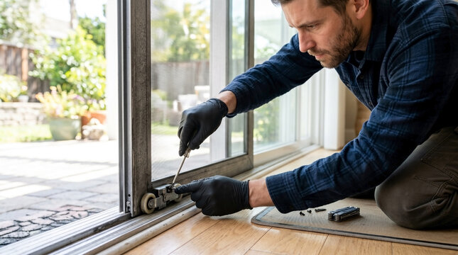 Repairing screen door roller with a man using a wrench on a sliding door track. Repair involves adjusting rollers and hardware for smooth functionality. Concept for home maintenance and DIY projects.