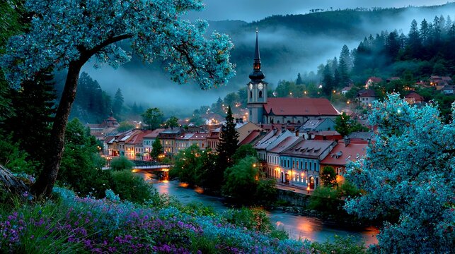 A misty twilight scene showcases a historic town nestled by a river with a prominent church spire, framed by blooming trees serving as a scenic background.