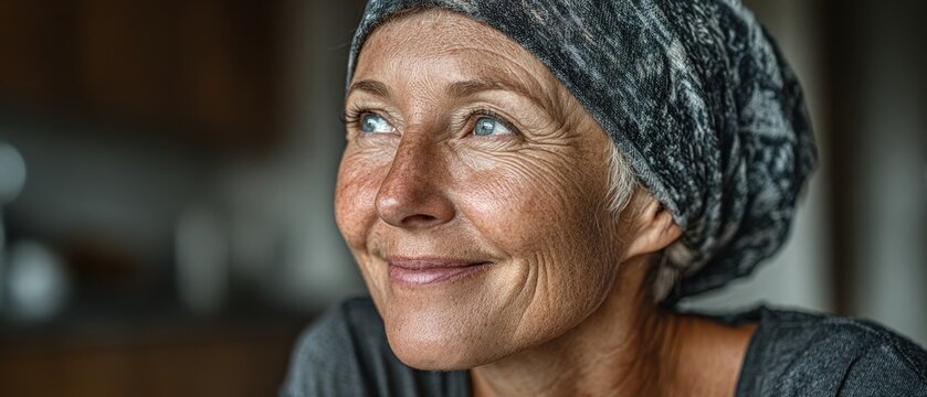 A hopeful elderly woman wearing a headscarf smiles gently while looking upward against a soft background.
