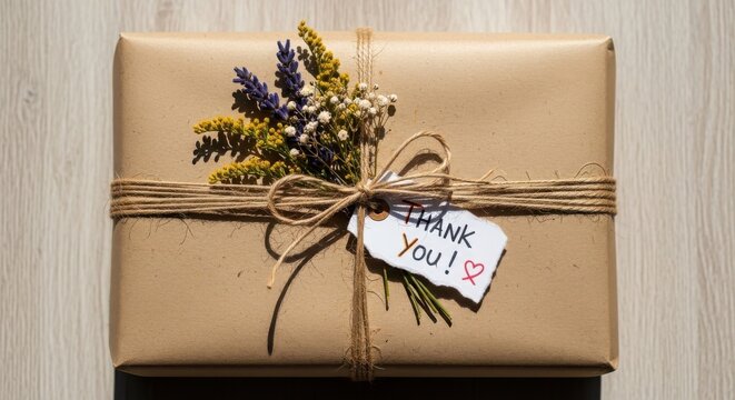 Gift box wrapped in brown kraft paper with natural twine, dried flowers, and a handwritten thank you tag on a wooden background