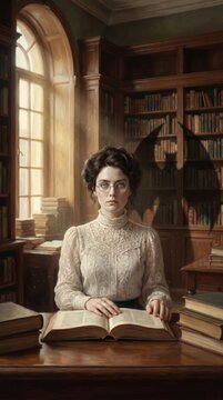 Victorian Woman Reading in Library, Vampire Shadow