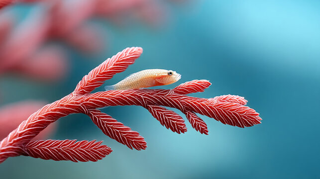 Red whip coral with fish in blue ocean abyss