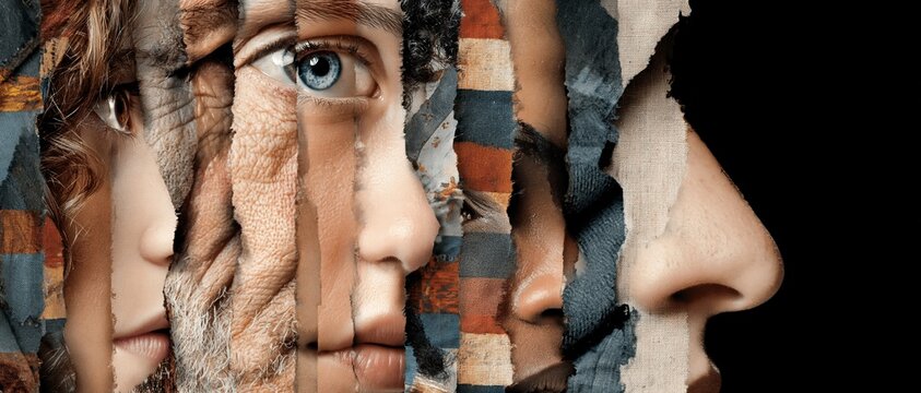 A fragmented collage of diverse human faces merges skin and fabric textures against a dark background to symbolize identity and unity.