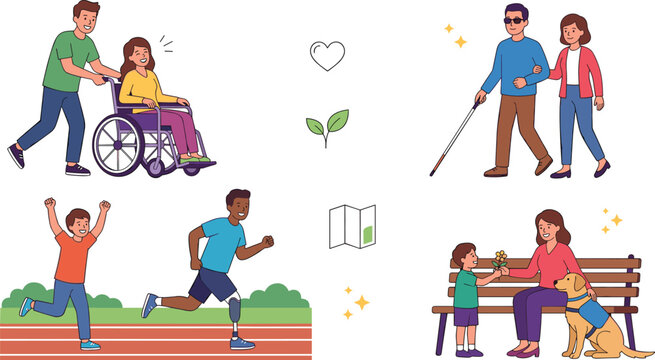 Disabled People and Caregivers Vector Illustration Set Featuring Wheelchair User Blind Man Paralyzed Runner with Prosthetic Leg and Guide Dog Graphics