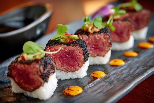Seared beef nigiri sushi with black crust and garnish