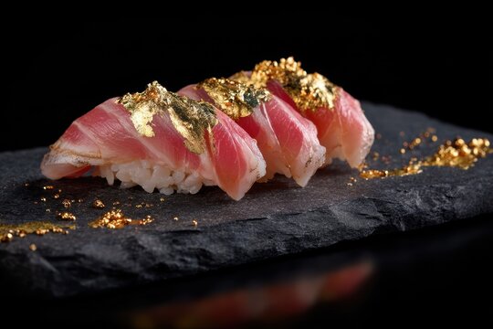 Tuna nigiri sushi with gold leaf on a slate plate