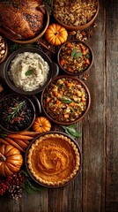 Fototapeta premium A rustic wooden background displays a bountiful harvest feast featuring roasted turkey, stuffing, mashed potatoes, cranberry sauce, and pumpkin pie.