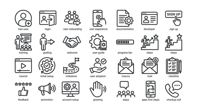 Black and white line icons for user interface and user experience design concepts
