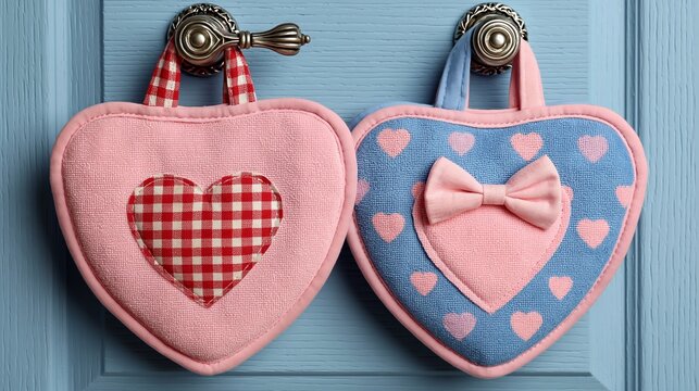 Two fabric heart ornaments hang on vintage knobs against a blue wooden background, showcasing handmade romantic decor.