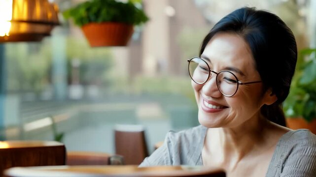 A smiling woman wearing glasses sits in a cozy caf&eacute; with warm lighting and wooden furniture. 4k Video footage.