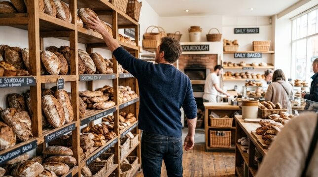 A customer or worker extends his arm to retrieve a fresh loaf from a large wooden shelving unit stocked with various types of crusty bread in a rustic, well-lit bakery environment
