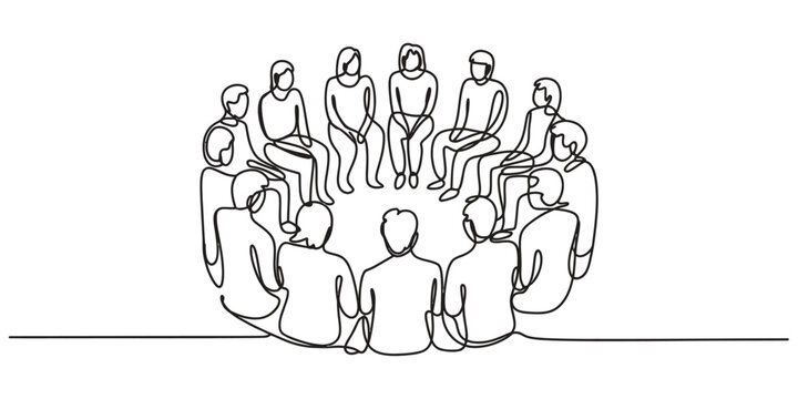 Group of people sitting in a circle continuous line drawing