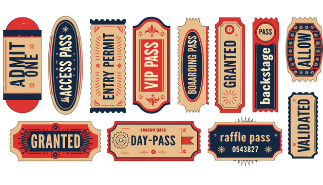 Admit One Entry Ticket Stubs Row Flat Vector Illustration Vintage Status Stamps Badges Set with Perforated VIP Pass Boarding Pass and Raffle Coupon Stubs Isolated Collection for Marketing Packaging an
