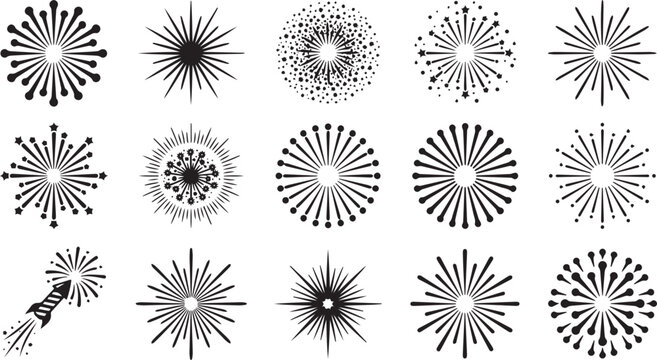 Fireworks Icons Set, Sunburst and Starburst Bursting Line Vector Elements