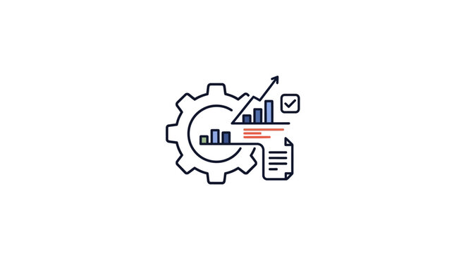 Business process and workflow automation represented through a cogwheel and charts diagram