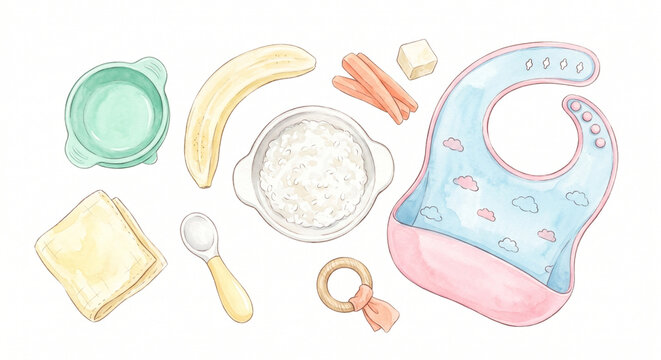 Japanese Baby First Weaning Food BLW Flat Lay Watercolor Illustration