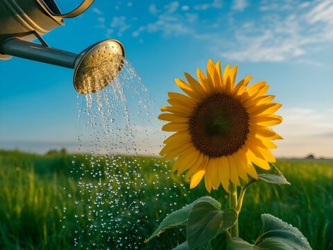 Regando un girasol con una regadera met&aacute;lica en un campo verde bajo un cielo azul