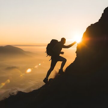 Silueta de un excursionista escalando una monta&ntilde;a al amanecer hacia el &eacute;xito