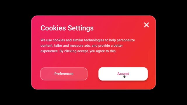 Website cookie consent pop-up with accept and preferences buttons, user interaction example
