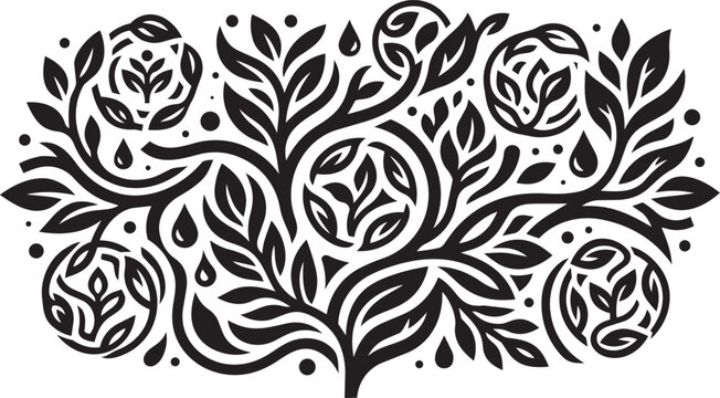 Black and White Ornamental Tree with Leaves and Circular Eco Elements.