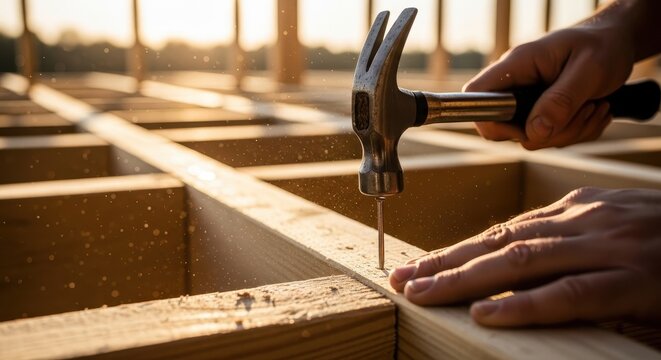 Close-up of a carpenter using a hammer to drive a nail into wooden beams