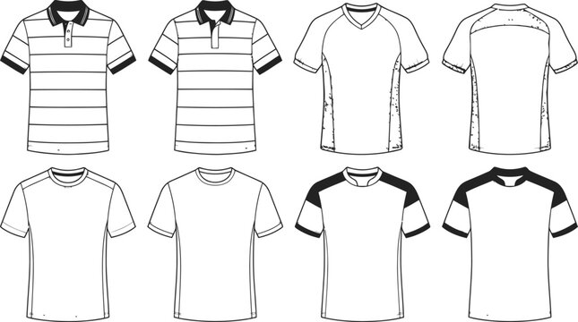 Set of blank polo and t-shirt apparel technical sketches
