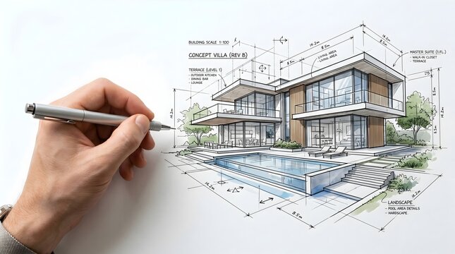 Architectural sketch of a modern villa with pool and hand holding pen