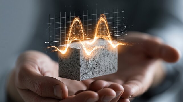 Human hands holding a small concrete brick block with a glowing orange digital financial growth chart floating above it