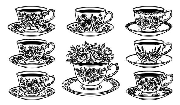 Floral teacup and saucer line art vector collection for tea time