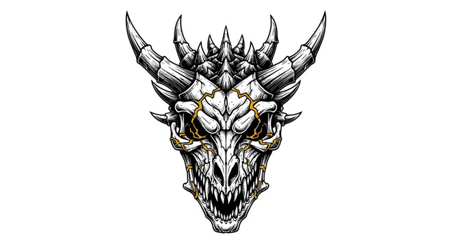 Fantasy dragon skull mascot with large curved horns graphic.