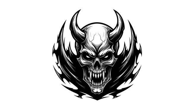 Fierce horned demon skull mask vector in black ink.