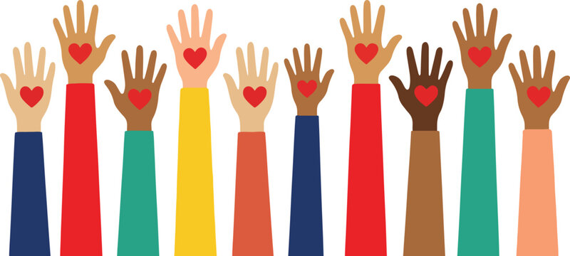 Diverse hands with hearts on palms raised in unity and solidarity, national social work