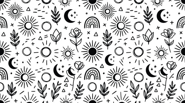 Seamless pattern with hand drawn sun moon and flower icons
