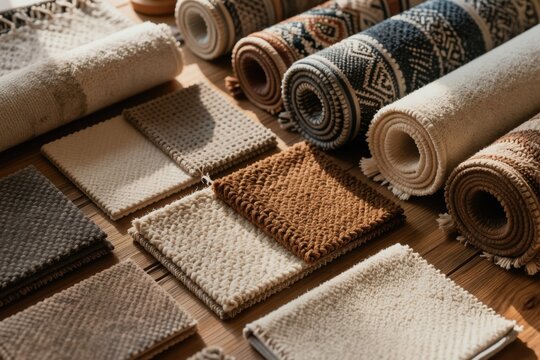 Assortment of rolled carpets and flat flooring samples laid on wood. Textured fabric swatches show different weave patterns, colors, and materials for interior design choice.