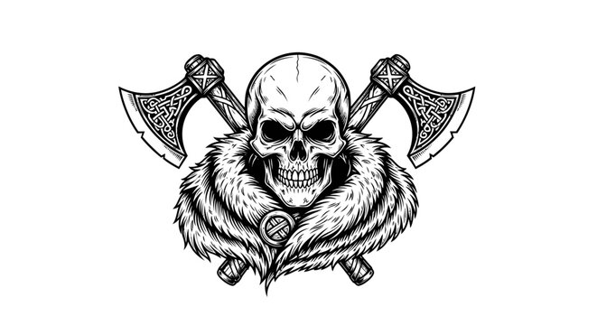 Grinning viking skull with crossed battle axes and fur.