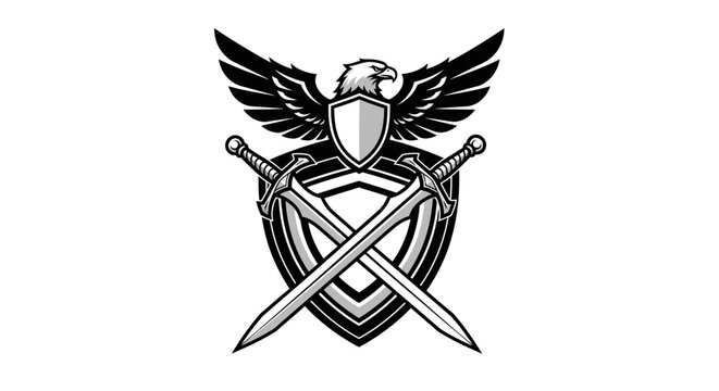 Heraldic eagle emblem with shield and crossed swords.