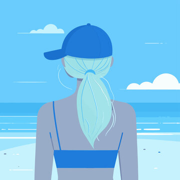 A woman with a blue cap and ponytail looks out at the ocean