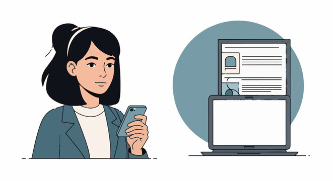 A woman with a cell phone sits next to a computer and monitor
